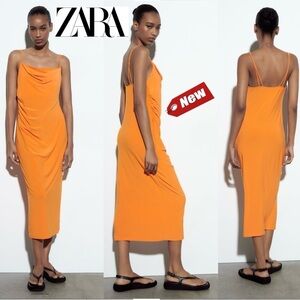 Zara orange draped cowl neck spaghetti strap ruched gathered midi dress Sz L NWT